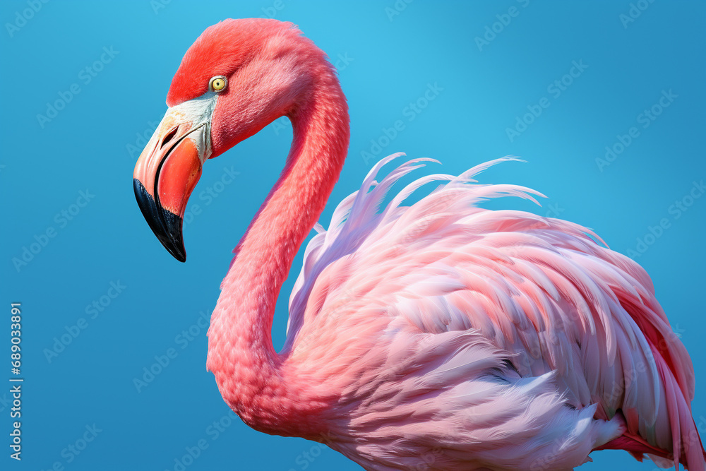 Obraz premium Pink Flamingo's Graceful Detail Against a Tranquil Blue Background. Ai generated