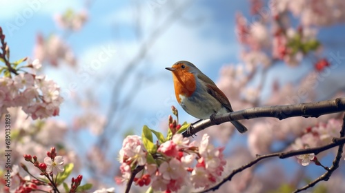 A solitary red robin perched on a blossoming branch, its song filling the air with the music of spring. © rojar deved