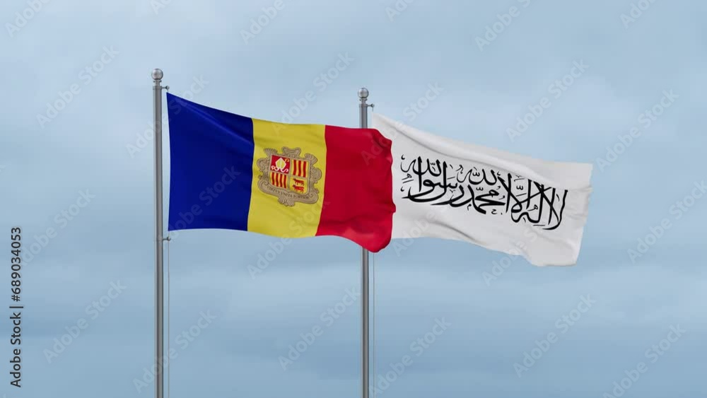 Andorra flag and Afghanistan flag waving together on cloudy sky, endless seamless loop Andorra flag and Afghanistan flag waving together on cloudy sky, endless seamless loop