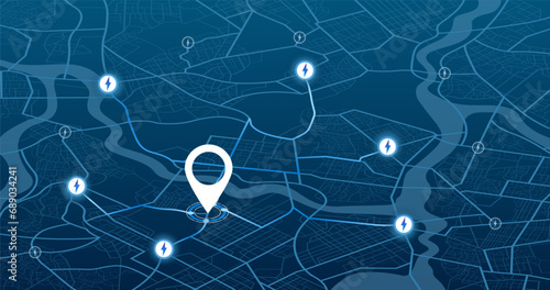 Location EV charging station location mark on gps navigation map a lot with fast supercharger station. Path turns and destination tag or mark. Huge city top view Tracking path, route. vector isometric