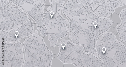 Abstract lines geometric shapes, cartographic texture. Navigation pin. Isometric abstract map background. Transportation and roads. Digital art. Editable vector illustration