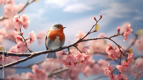 A solitary red robin perched on a blossoming branch, its song filling the air with the music of spring.
