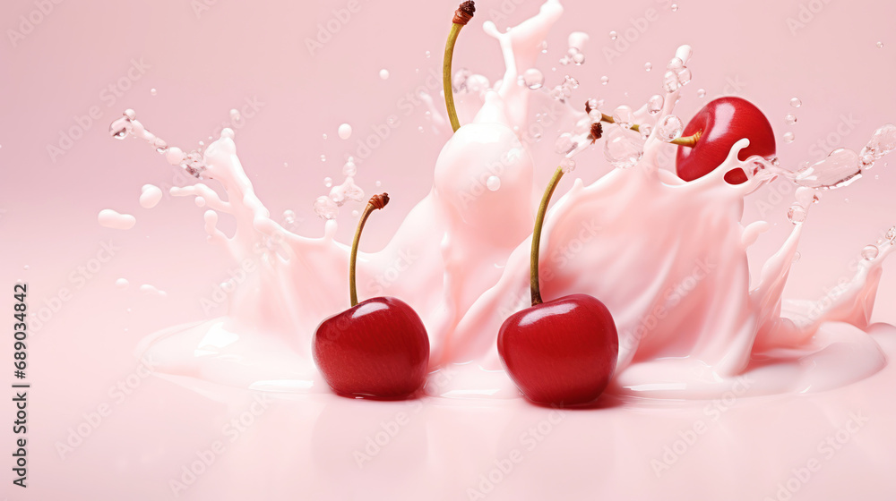 Milk splash with cherries. Sweet dessert cream. Milkshake concept. Generative AI
