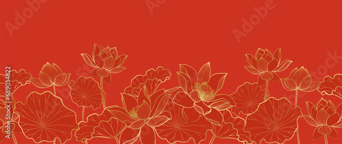 Red Chinese background pattern withe lotus line arts for new years celebrations oriental background. Vector illustration