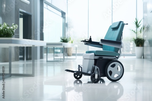 Modern electric wheelchair in hospital. Medical care. Collapsible wheelchair in empty corridor. Copy space. photo