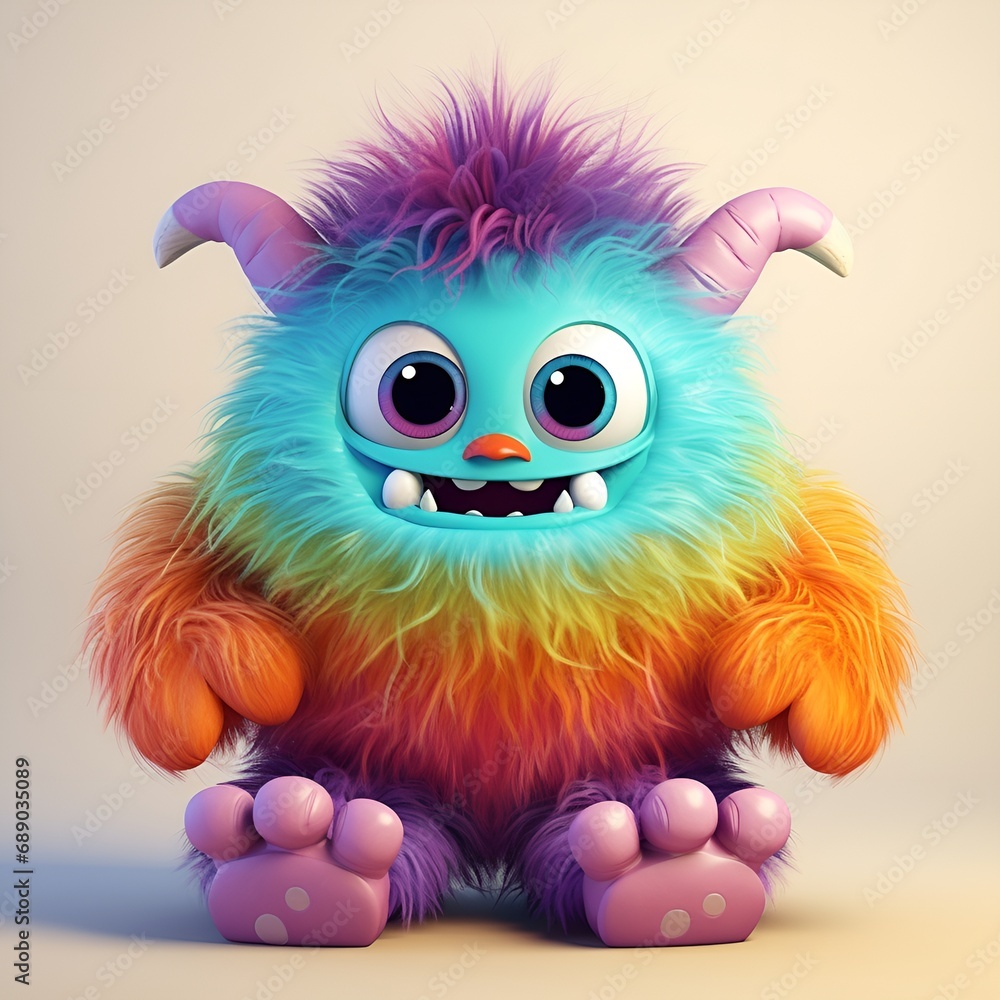 Cute cartoon monster with horns. 3D illustration. Vintage style.AI.