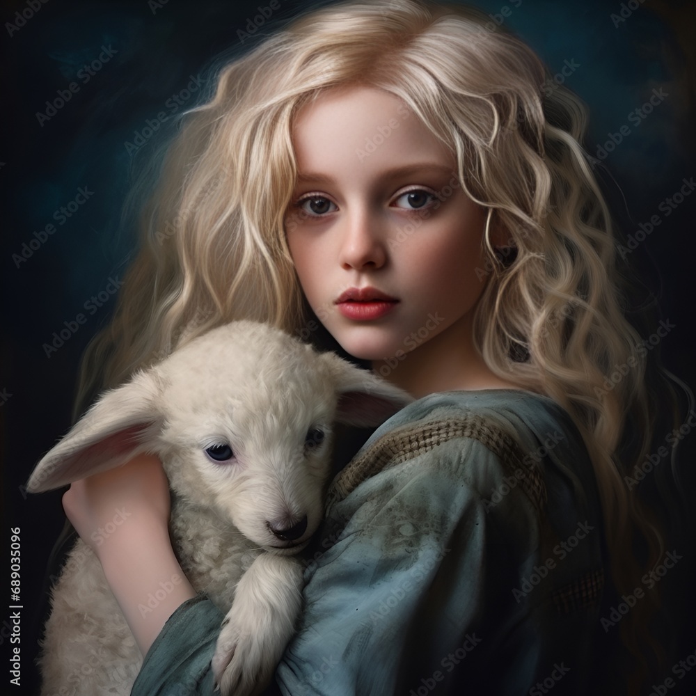 Portrait of a beautiful blonde girl with a lamb in her arms. AI. Portrait of a beautiful blonde girl with a lamb in her arms. AI.