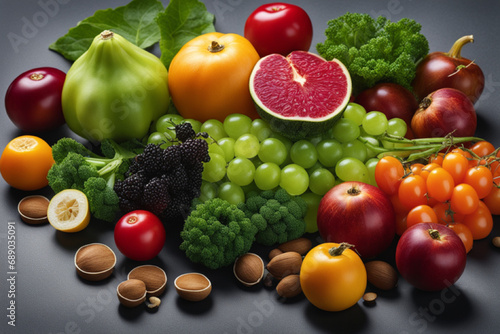  different vegetables seeds and fruits on grey table flat lay healthy diet