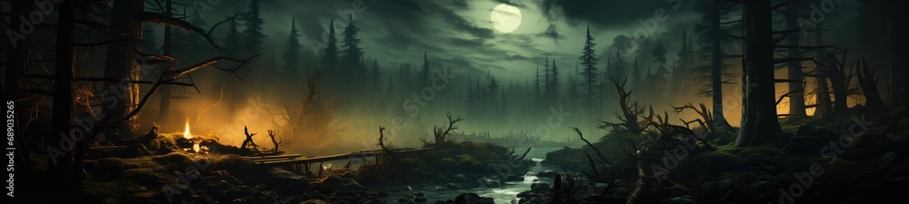 Haunted Forest Style Backgrounds capture the essence of dark, mysterious forest scenes—an artistic portrayal of the haunting allure concealed within the woods. - obrazy, fototapety, plakaty 