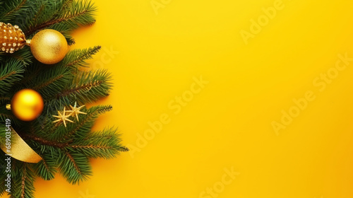 Christmas flat lay with pine, confetti and balls, on yellow background with copy space. Top view. Generative AI