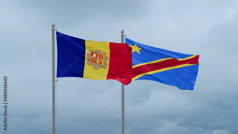 Democratic Republic of the Congo flag and Andorra flag waving together on cloudy sky, endless seamless loop, two country relations concept Democratic Republic of the Congo flag and Andorra flag waving together on cloudy sky, endless seamless loop, two country relations concept