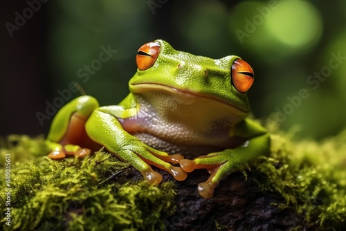 Green tree frog sitting on moss in the rainforest. Wildlife scene from nature.