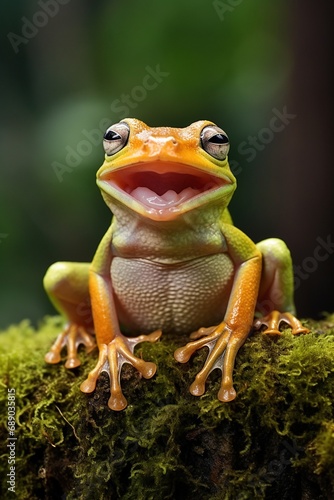 Green tree frog sitting on moss in the rainforest. Wildlife scene from nature.