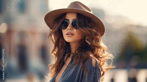 Portrait a pretty young woman in hat and sunglasses in the city background