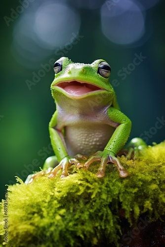 Green tree frog sitting on moss in the rainforest. Wildlife scene from nature. © Rudsaphon