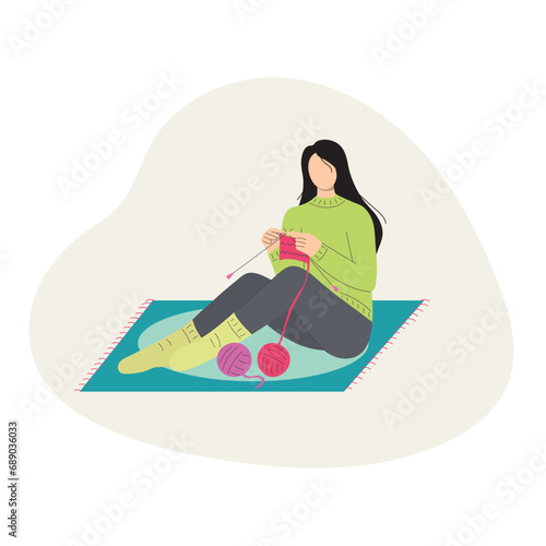 Knitting woman. Woman sitting on the carpet, and knitting needles warm clothes. Handcraft hobby vector illustration.