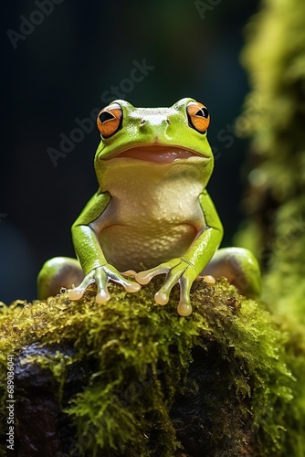 Green tree frog sitting on moss in the rainforest. Wildlife scene from nature. © Rudsaphon