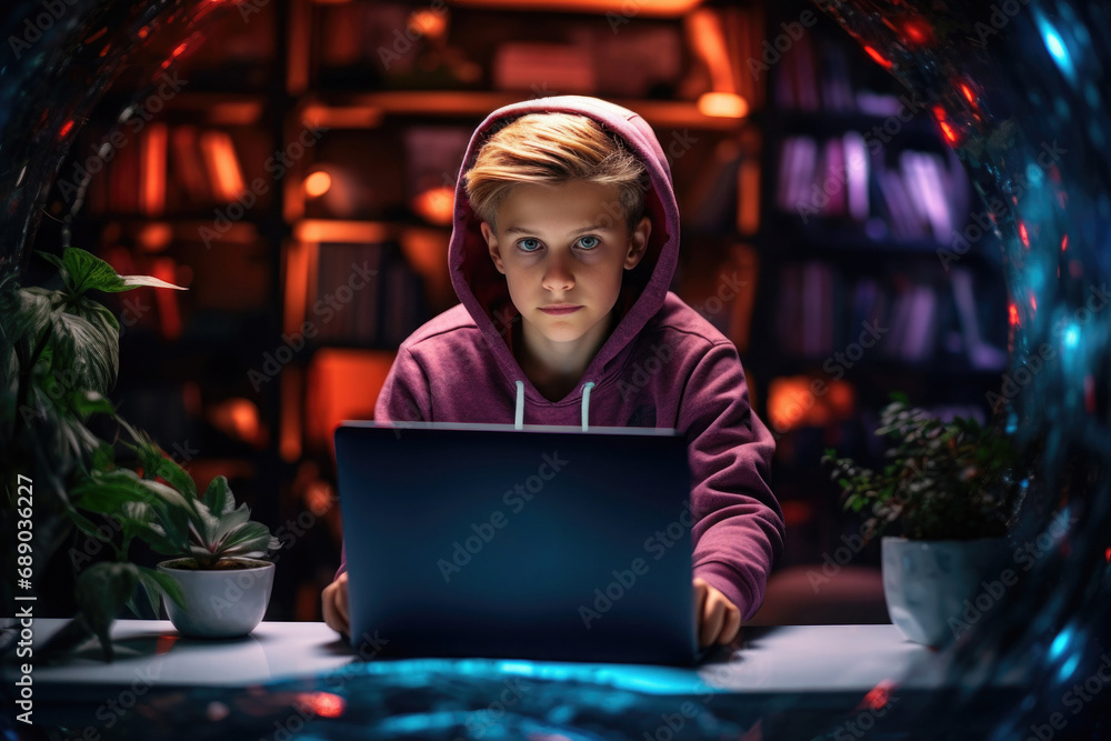 .teenage boy at home sitting at laptop distance learning online.Generative AI .teenage boy at home sitting at laptop distance learning online.Generative AI