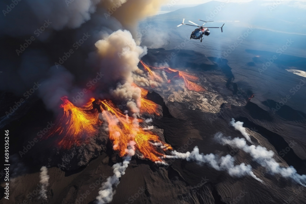 volcanic eruption, hot lava flowing, quadcopter flying, view of the islands and ocean from above. Generative AI volcanic eruption, hot lava flowing, quadcopter flying, view of the islands and ocean from above. Generative AI