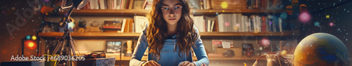 .teenage girl at home sitting at the table during distance learning, books among her, multi-colored bokeh .Generative AI photo