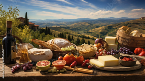 rest on the table farm products cheese, wine, bread, fruit with a view of the valley Generative AI