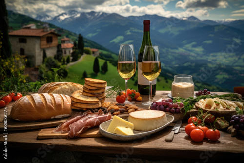 rest in the mountains, on the table there is cheese, glasses of wine, bread, meat, grapes, views of the mountains and houses .Generative AI