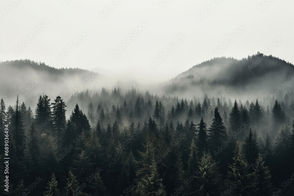 Top view of a misty mythical forest. Generated by artificial intelligence Top view of a misty mythical forest. Generated by artificial intelligence