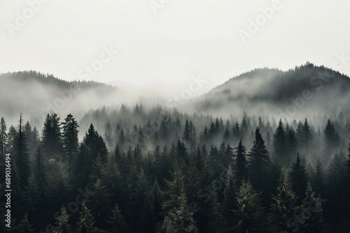Top view of a misty mythical forest. Generated by artificial intelligence © Vovmar