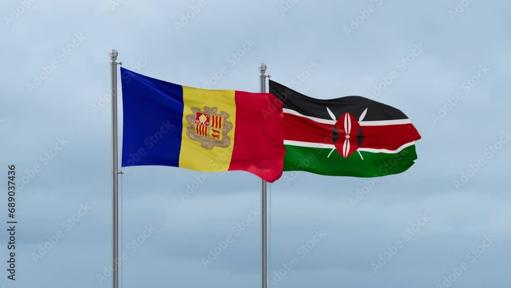 Kenya flag and Andorra flag waving together on cloudy sky, endless seamless loop, two country relations concept Kenya flag and Andorra flag waving together on cloudy sky, endless seamless loop, two country relations concept