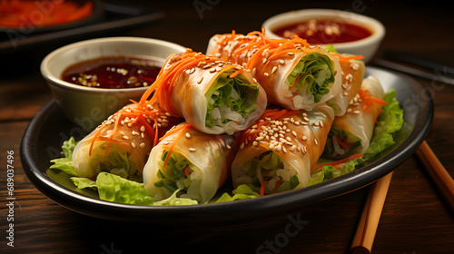 Tasty asian chicken spring rolls on plate with sauce.Macro.AI Generative