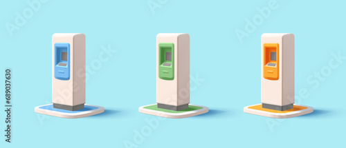 3D render cartoon ATM machine, realistic screen and buttons, set in different colors