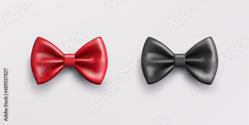 Realistic black and red bow tie. Vector classic silk or satin, glossy necktie isolated on white background.