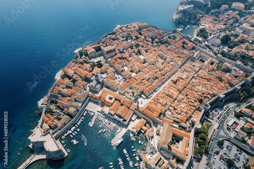 Rows of boats are moored in the port of the old town of Dubrovnik. Croatia. Drone
