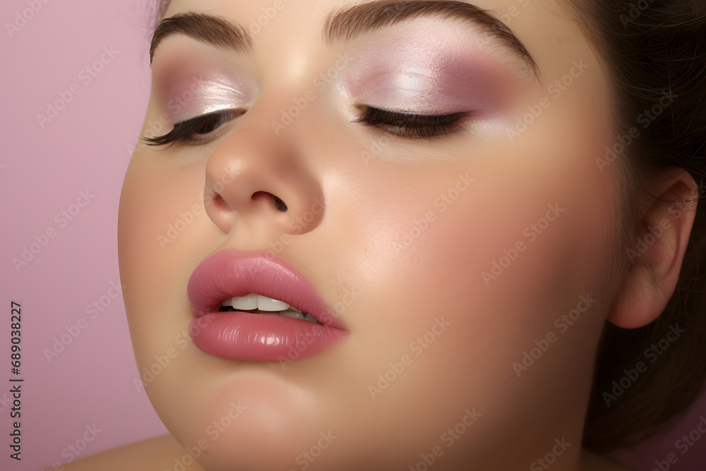Close up of round face of pretty plus size woman with glamourous makeup in front of pink background Close up of round face of pretty plus size woman with glamourous makeup in front of pink background