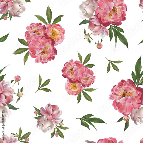 Pink floral seamless pattern with peonies  buds  green leaves isolated. Hand-drawn watercolor spring summer white magenta flowers backdrop for fabric  packaging  wrapping paper  botanical design