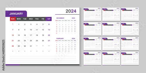 Minimalist and elegant Calendar template for 2024 year. Wall calendar in a minimalist style.  Gray, Purple and red colors. New year design concept.