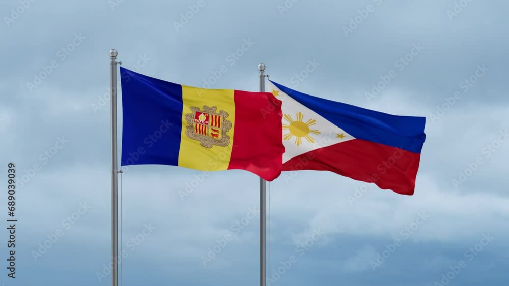 Philippines and Andorra flag waving together on cloudy sky, endless seamless loop, two country cooperation concept Philippines and Andorra flag waving together on cloudy sky, endless seamless loop, two country cooperation concept