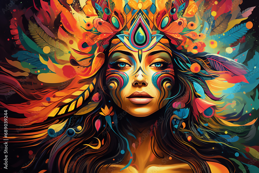 Woman's Ayahuasca Journey, Infused with Vibrant Shapes and Graphic Elements, a Psychedelic Visual Exploration. Ai generated