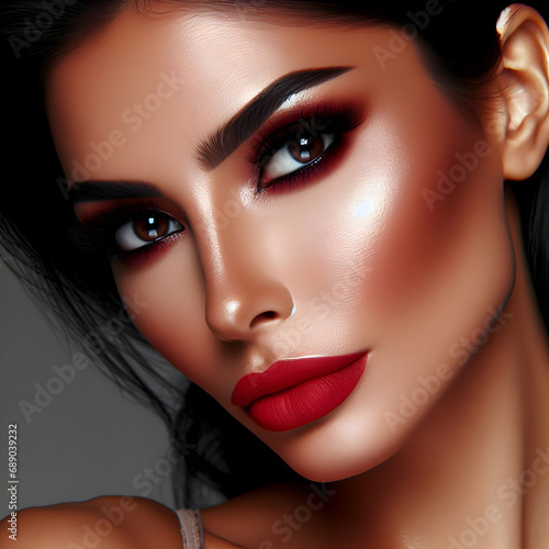A Closeup Picture of a Stunning Woman, Red Makeup