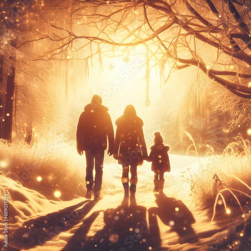 A Family Strolls Through a Snowy Forest Against a Fairy Golden Dreamy Landscape © filicci