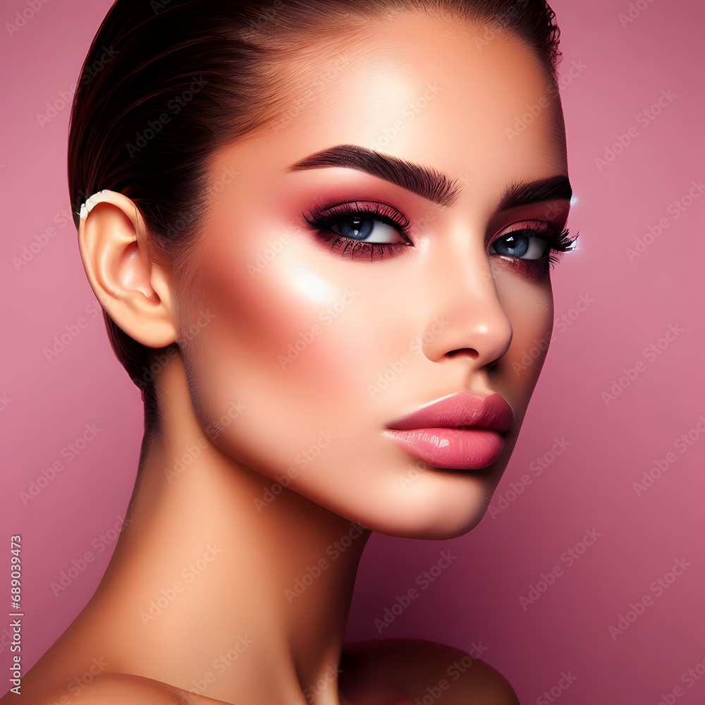 Fototapeta premium Closeup Portrait of a Woman with Sharp Features on Pink Backgorund