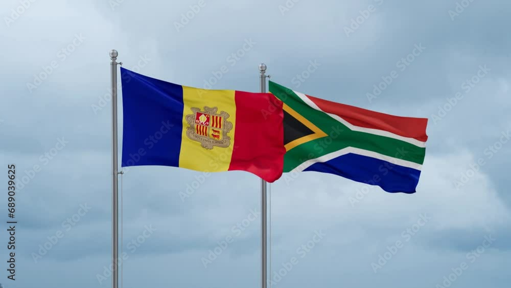 Republic of South Africa and Andorra flag waving together on cloudy sky, endless seamless loop, two country cooperation concept Republic of South Africa and Andorra flag waving together on cloudy sky, endless seamless loop, two country cooperation concept
