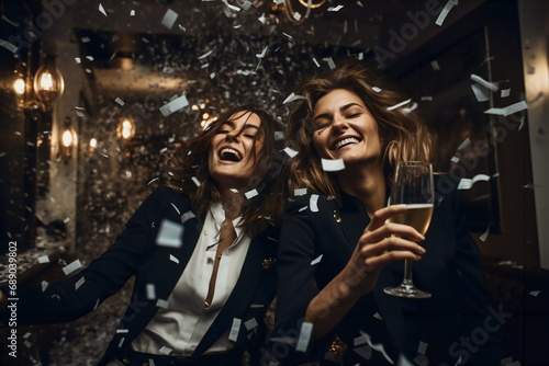 two beautiful friends with champagne celebrating a new year party, two women celebrating a new year party, couple celebrating with champagne, couple, champagne glasses, new year, night, party,confetti