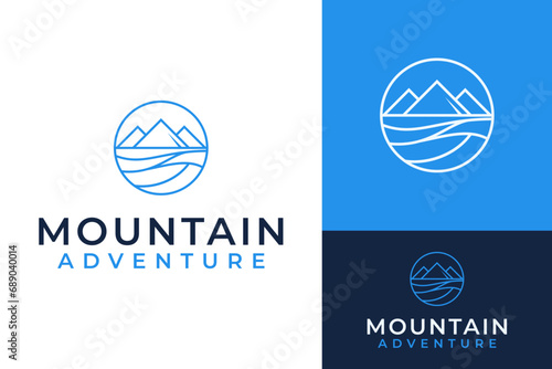 Monoline Nature Mountain Peak Adventure Ocean Lake Wave Logo Design Branding Template