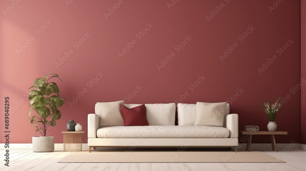 Maroon and beige color living room interior and walls design - obrazy, fototapety, plakaty 