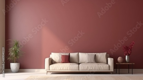 Maroon and beige color living room interior and walls design