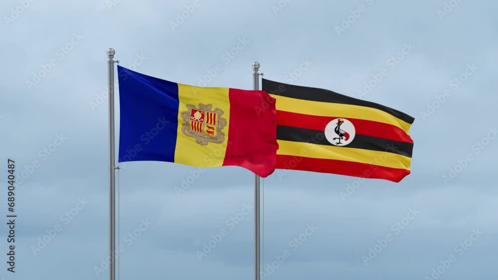 Republic of Uganda and Andorra flag waving together on cloudy sky, endless seamless loop, two country cooperation concept Republic of Uganda and Andorra flag waving together on cloudy sky, endless seamless loop, two country cooperation concept