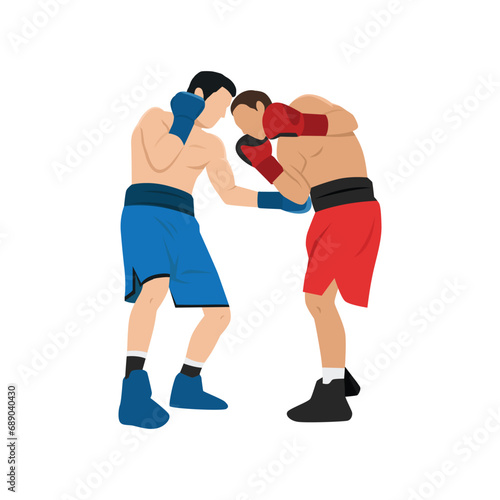 Two boxers fighting. Battle spectacle event with knockdown between professional sportsmen in sportswear. Flat vector illustration isolated on white background