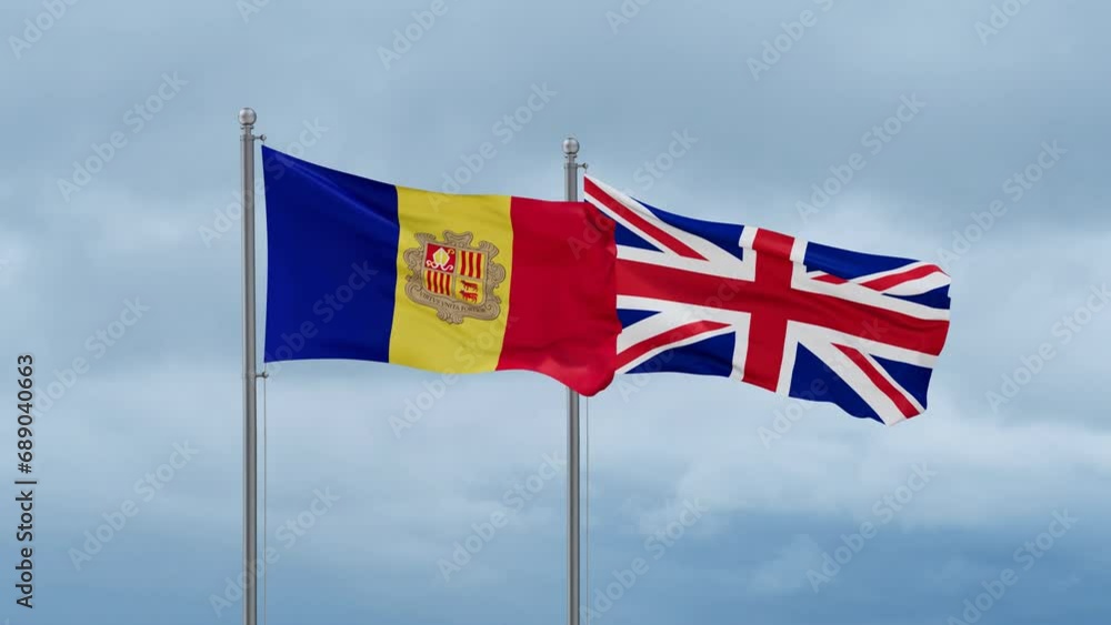 United Kingdom and Andorra flag waving together on cloudy sky, endless seamless loop, two country cooperation concept United Kingdom and Andorra flag waving together on cloudy sky, endless seamless loop, two country cooperation concept