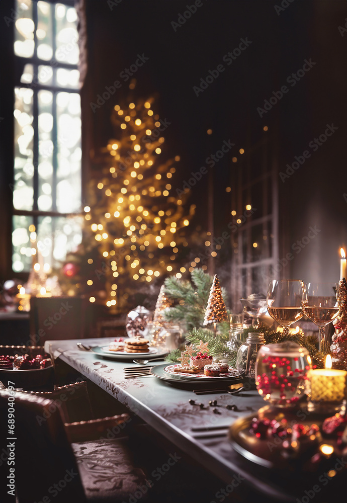 Beautifully decorated Christmas dinner table against the background of Christmas tree bokeh